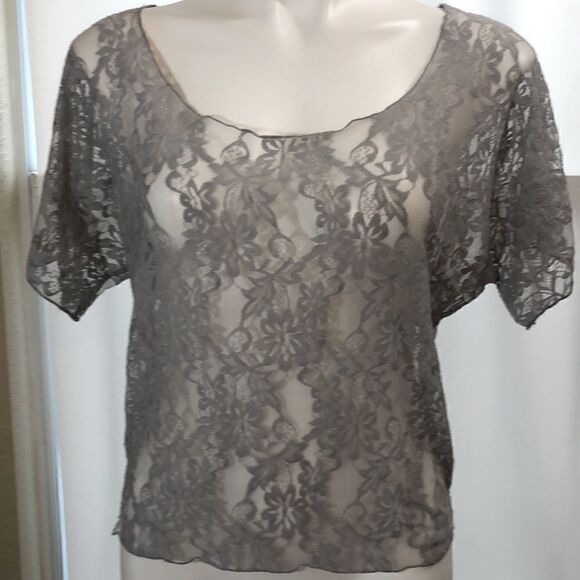 BKE gray sheer lace short sleeve top - Picture 1 of 4